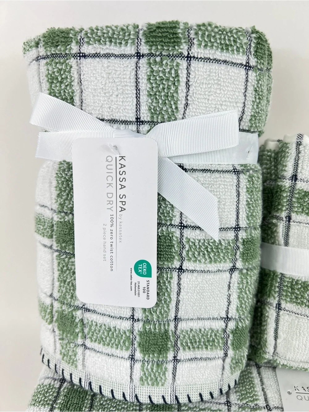 Kassa Spa Kassatex Bath Towel Set Green White Black Stripe Soft Cotton 8 Pc NEW